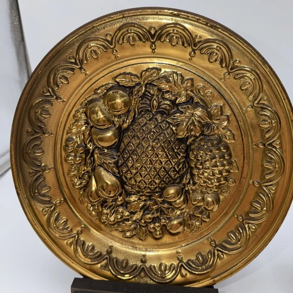 Vintage Brass Wall Plates Made in England Fruit Relief Pair 10.5